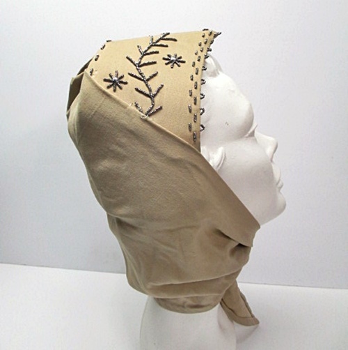 khaki wool and beaded draped scarf hat 40s,vintage 40s hat with scarf cowl.JPG