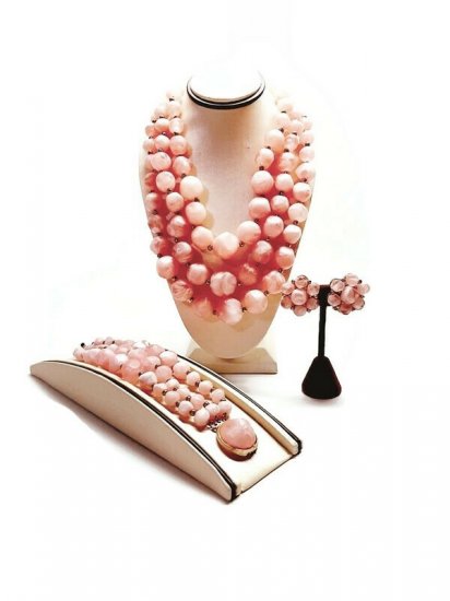 kramer pink bead parure, 3 pc, necklace,earrings,bracelet,anothertimevintageapparel.jpg