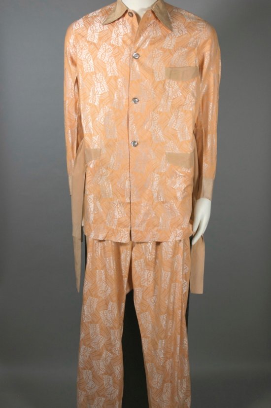 LG156-deco pattern orange silk Sulka pajamas belted 1940s M - 01.jpg