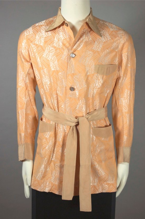LG156-deco pattern orange silk Sulka pajamas belted 1940s M - 09.jpg