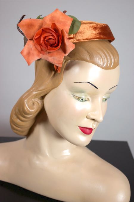LH315-flat crown 1950s hat orange panne velvet with rose - 2.jpg