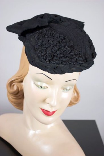 LH327-1940s tilt hat black felt curly lamb home sewn - 1.jpg