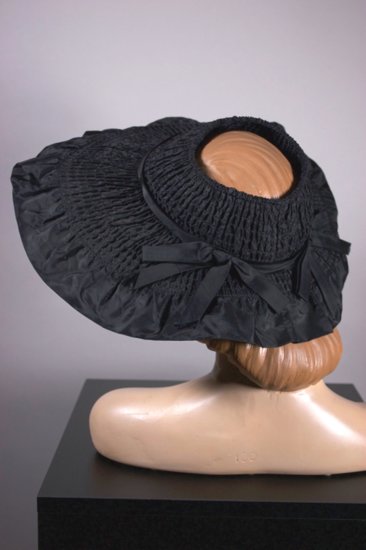 LH329-open crown 1940s hat wide brim black fabric ruffled - 3.jpg