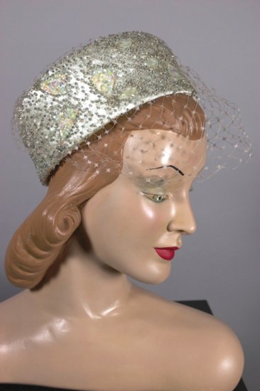 LH332-beaded ivory pillbox hat 1960s open crown veil bridal - 2.jpg