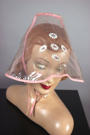 LH339-1950s 1960s rain hat bonnet clear plastic pink flowers - 1.jpg