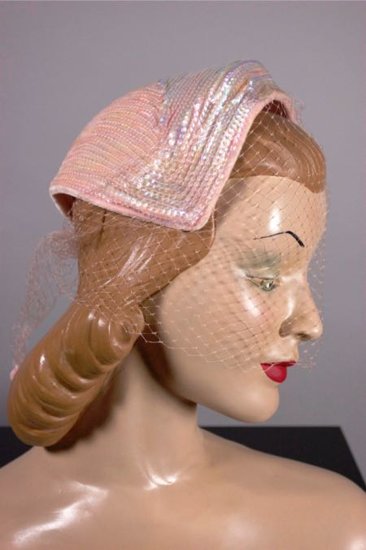 LH340-1950s hat pink sequins with veil sparkly cocktail hat - 2.jpg
