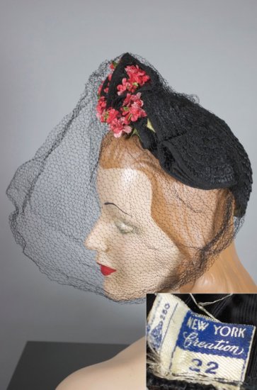 LH386-black straw 1930s 1940s hat with veil red flowers - 8 copy.jpg