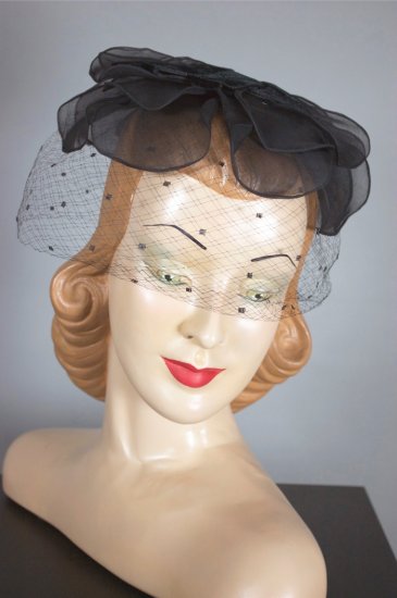LH390-silk petals black flower fascinator 1960s hat with veil - 2.jpg