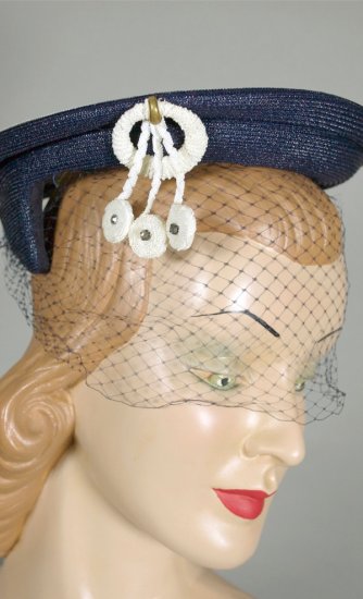LH393-navy white straw hat 1950s sailor flat crown with veil - 9.jpg