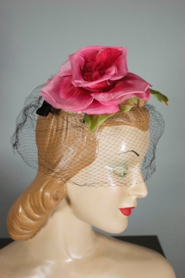 LH397-pink fabric rose fascinator whimsy hat 1960s black veil - 1.jpg