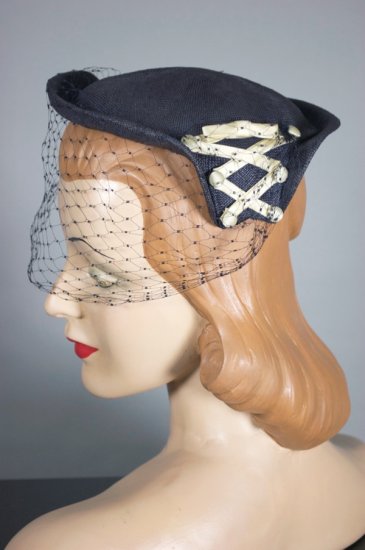 LH398-corset-laced 1950s navy straw hat flat crown veil - 3.jpg
