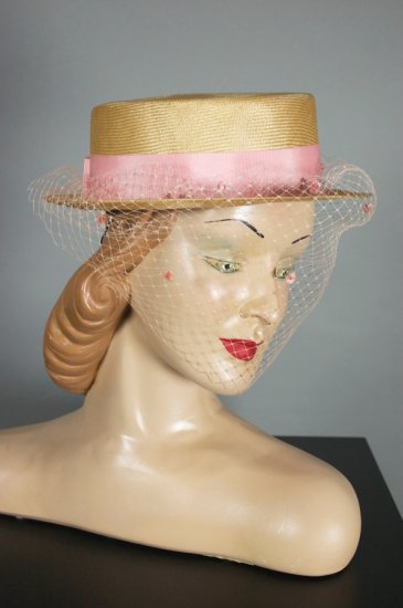 LH404-80s Edwardian style straw boater hat pink dots veil - 1 copy.jpg