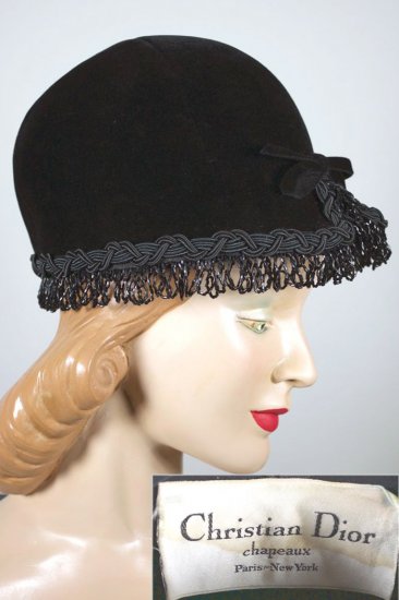 LH446-Christian Dior 1960s helmet hat black fur felt beaded fringe - 01 copy.jpg