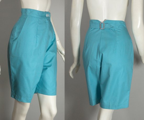 LP49-aqua blue cotton 1950s Bermuda shorts M-L unworn 2 views.jpg