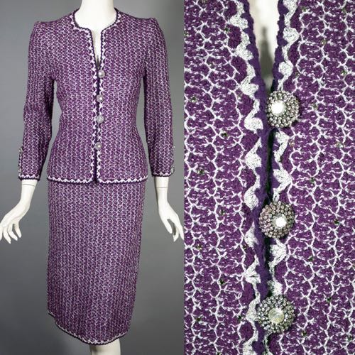 LST117-80s Adolfo knit suit cocktail Chanel style purple silver wool.jpg