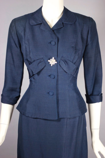 LST125-Lilli Ann style 1950s skirt suit peplum navy blue rayon  - 1.jpg