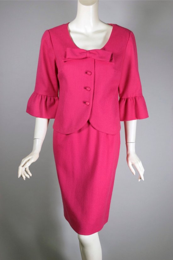 LST156-bright Barbie pink skirt suit 1960s bow ruffle trim - 04.jpg