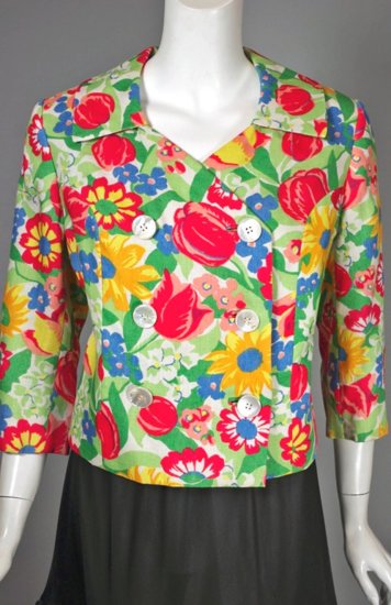 LST88-floral 1960s ladies double breasted linen jacket - 2.jpg