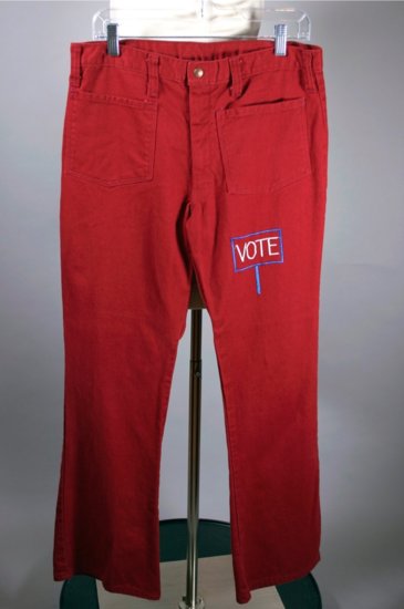 MP11-VOTE embroidered red denim bellbottoms 60s 70s mens size 32 waist 31 inseam - 1.jpg