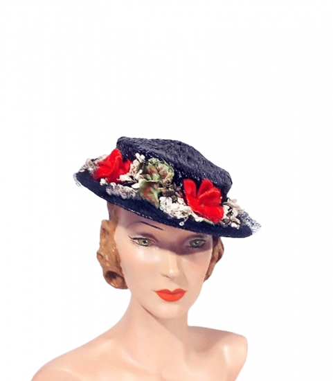 navy blue hat red white flowers 1950s brimmed.png