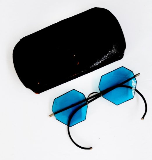 octanganle shaped blue deco sunglasses and case.jpg