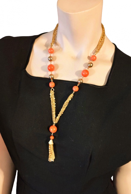 orange bead long tassle necklace 60s 1.png
