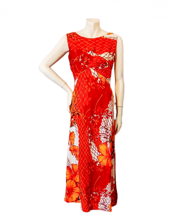 orange hawaiian cotton print flowers long dress gown fitted high waist-PhotoRoom.png- 2.png