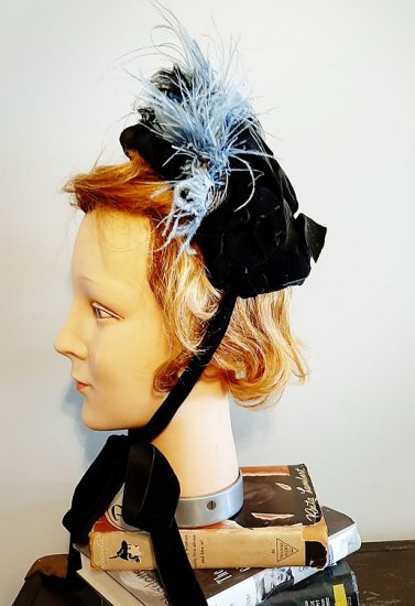 original victorial black velvet bonnet feathers,antique bonnet 1880s,bettebgoodvintage.jpg