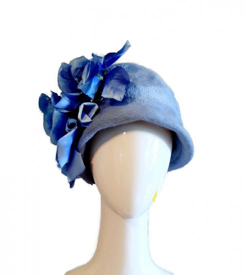 pale blue 60s hat with big blue flowers in side,angel designs,anothertimevintageapparel.jpg