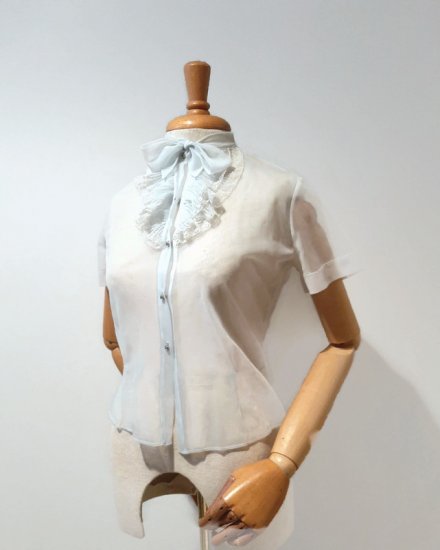 pale blue sheer vtg 50s blouse with ruffle,fitted,suit blouse.jpg