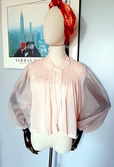 pale pink nylon 50s bed jacket,full sleeves,smocking,vintage,anothertimevintageapparel.jpg