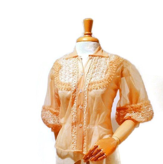 peach nylon sheer vtg 50s blouse,can can sleeves,lace,sheer, 2.jpg