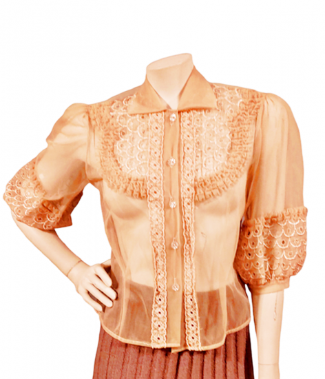 peach sheer nylon 50s blouse cha cha sleeves ruffles another time vintage apparel 1.png