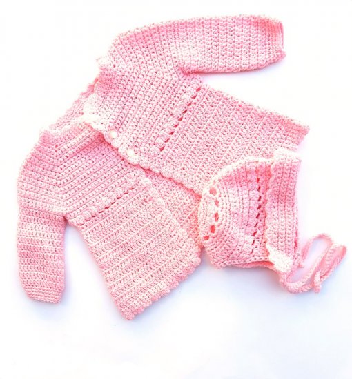 pink knit baby sweater and bonnet,vintage 50s,unworn.jpg