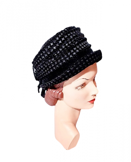 pleated designed cloche velvet black hat 1960s.png