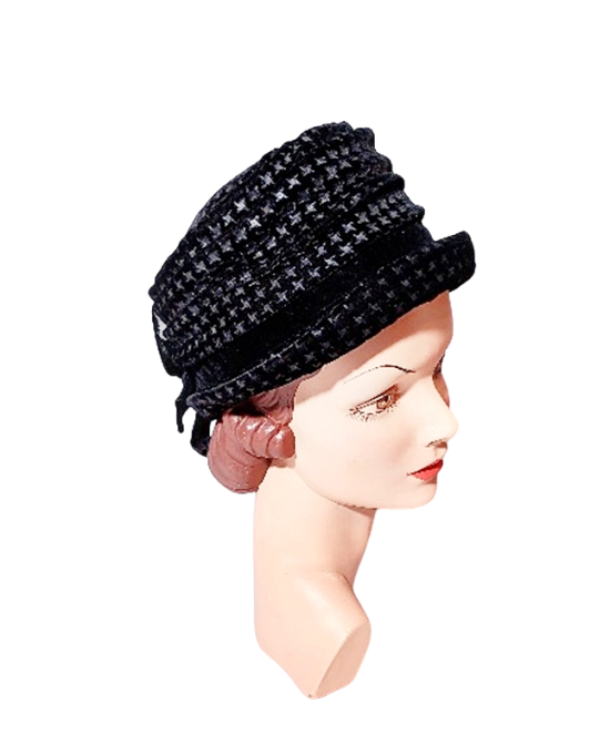 pleated designed cloche velvet black hat 1960s.png