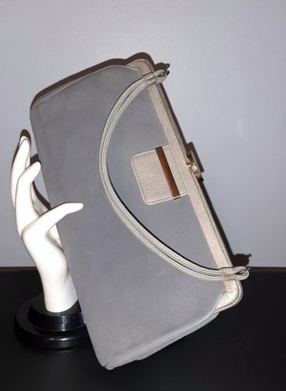 real suede and leather grey gray purse, sm vintage 50s bag.jpg
