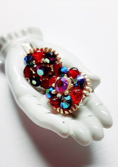red rhinestone earrings,vintage 1950s,clips,signed,multi color,costume jewelry.jpg