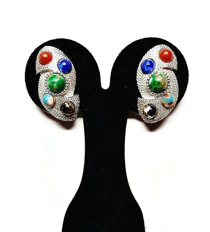 s coventry stone studded earrings vintage, 60s clip earrrings, 60s,southwest look, earrings,an...jpg