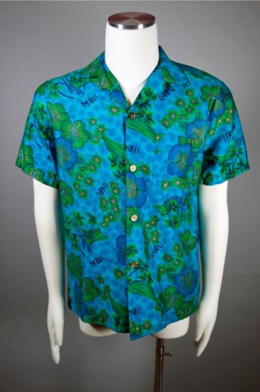 SH101-Royal Hawaiian shirt 1960s mens M aqua blue tiki print polished cotton - 1.jpg