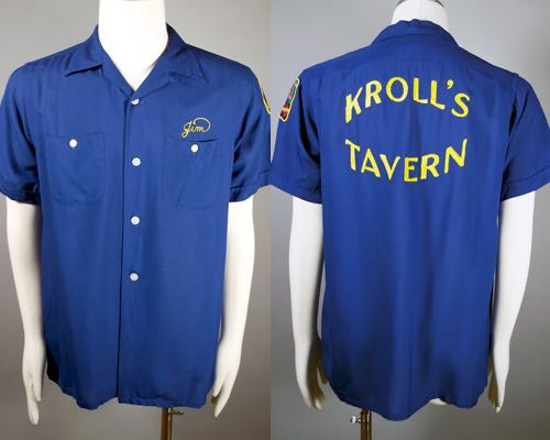 SH102-Jim bowling shirt 1950s blue size L embroidery Krolls Tavern.jpg