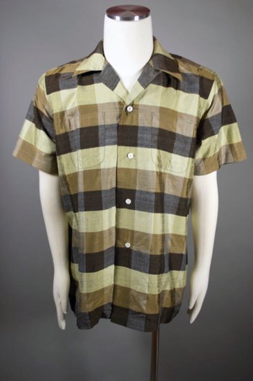 SH103-Thai silk sport shirt mens 1960s brown check L-XL - 1.jpg