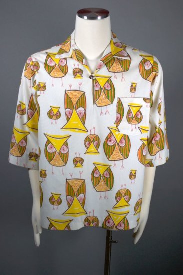 SH104-novelty print owls sport shirt 1960s 70s mens XL pullover  - 01.jpg