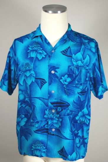 SH110-1950s-60s Hawaiian shirt rayon aqua blue mens M - 1.jpg