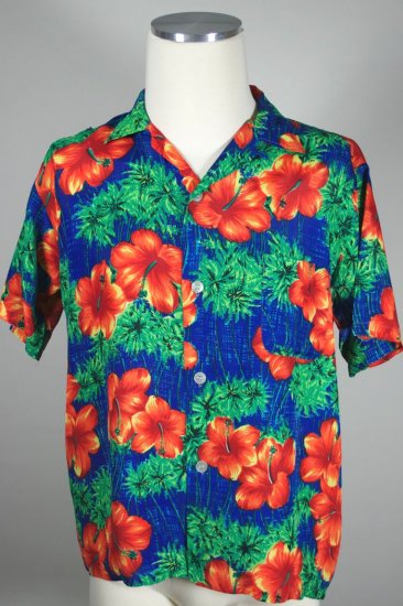 SH112-50s-60s Hawaiian shirt rayon blue orange hibiscus print M - 1.jpg