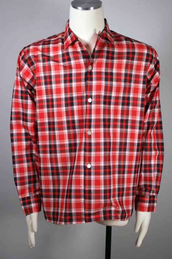 SH116-red plaid cotton 1950s mens shirt loop collar L 16-16.5 - 1.jpg