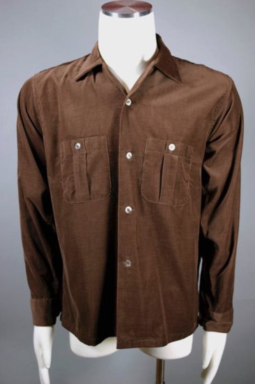 SH95-brown corduroy 1950s 60s mens sport shirt size L loop collar - 1.jpg