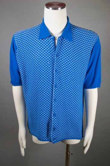 SH97-sky blue banlon shirt knit nylon mens button front size L - 2.jpg