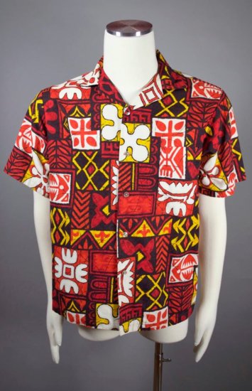 SH99-Hawaiian shirt 1960s mens M lava orange barkcloth tiki print - 1.jpg