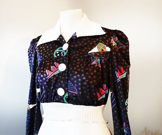 short 1970s blouse,vintage clothing,black,novelty, anothertimevintageapparel.jpg